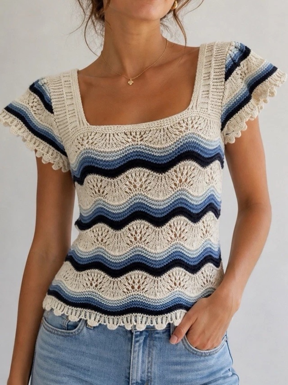 Jessica Simpson Crochet Knit Flutter Sleeve Tank Top | Large